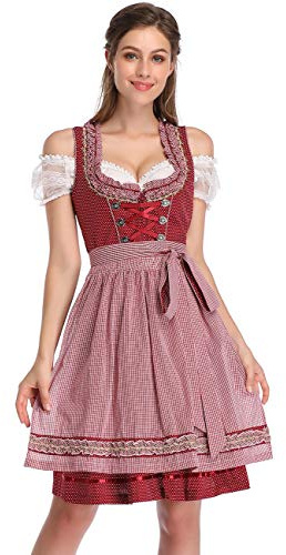 KOJOOIN Femme Robe Dirndl de Bavière Oktoberfest Set - Blouse et Tablier - Robe Dirndl 3 Pièces Bluse Manches Courtes Bavarois Vêtements Vin Rouge 2 XL