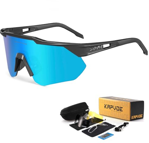 KAPVOE Polarisiert Fahrradbrille mit 4 wechselgläser TR90 Rahmen für Herren Damen MTB Sport Radfahren Sportsonnenbrille Radbrille Sportbrille Fahren Angeln Baseball Blau Schwarz 04