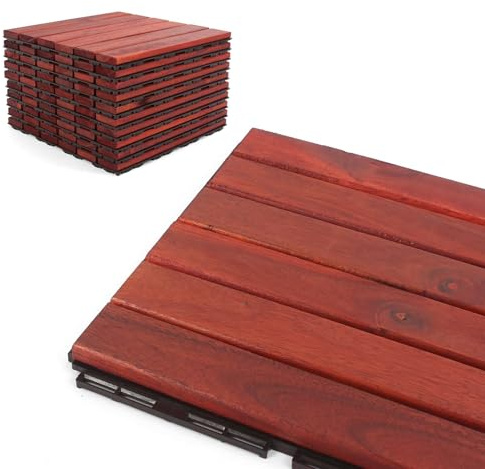 Deck Tiles - Patio Pavers - Acacia Wood Outdoor Flooring - Interlocking Patio Tiles - 12x12 (20 Pack) - Clay Finish - Straight Pattern Decking