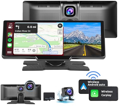 Podofo 9.3 Carplay Schermo per auto Carplay Android auto wireless Bluetooth/GPS,Autoradio Portatile con Dash Cam Anteriore/64G SD,Camera di retromarcia,Mirror link,Controllo vocale,Trasmettitore FM