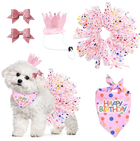URROMA 4 piezas de traje de cumpleaños para mascotas, bandana de para perro con sombrero y vestido, suministros de fiesta de moda, regalo rosa para perros, gatos, mascotas