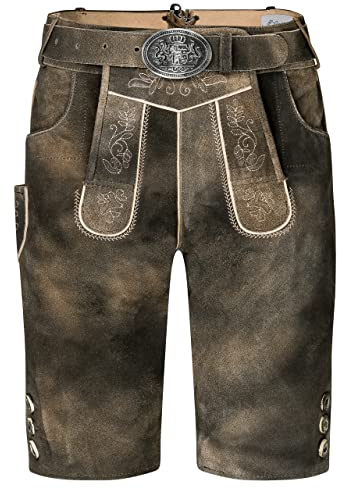 Schöneberger Trachten Liam - Pantalones cortos de piel para traje regional tradicional tradicional con cinturón para traje regional, Marrón-vintage, 46
