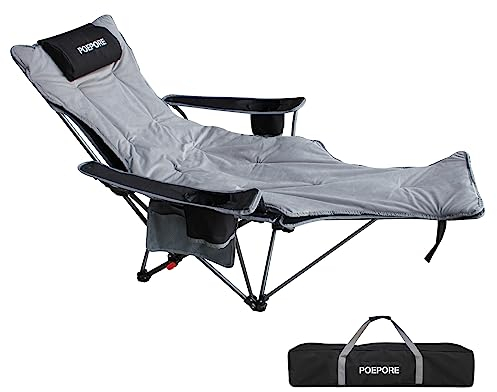 POEPORE Campingstuhl Faltbar mit Fußablage 4-Fach Verstellbarer Strandstuhl Liegestuhl Angelstuhl Campingstühle für Erwachsene mit Wattepad Kissen Getränkehalter Armlehnentaschen Schwarz