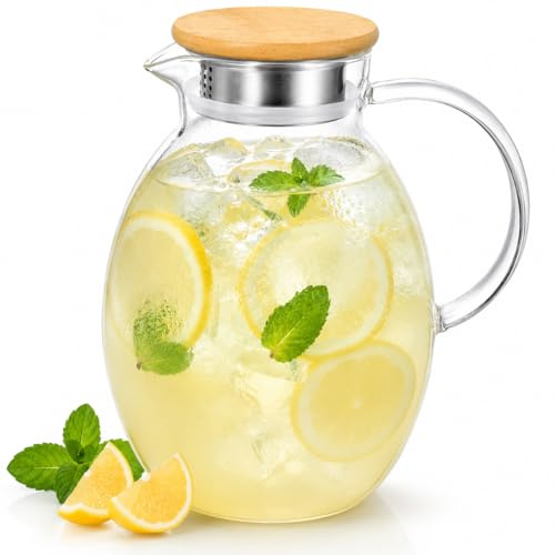Wilmax | Glaskaraff med bambulock | 2 400 ml | karaff för varma eller kalla drycker | vattenkaraff av borosilikatglas | glaskanna för te, juice, mjölk | glaskanna | vattenkanna