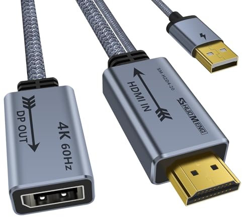Shuomeng HDMI till DisplayPort-adapter 4K @ 60Hz – (hane till hona) omvandlingskabel HDMI till DP 1.2 med USB-ström för skärm, PS4, hög hastighet, HDCP2.2 kompatibel – 0,65 fot/0,2 m (inte