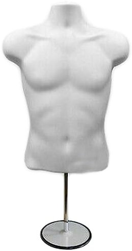 Display Guru Male Hanging Mannequin Half Body Form 3 Quarter Shop Bust Display With Round Stand (White)