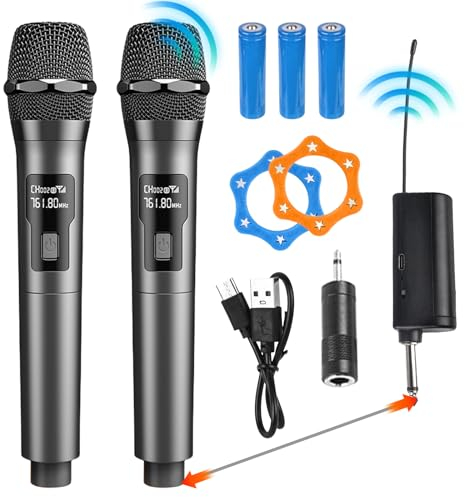 Sporgo Micrófono inalámbrico, micrófono inalámbrico dual de metal, micrófono UHF, micrófono inalámbrico con receptor recargable, micrófono inalámbrico profesional para karaoke, voz, fiesta, boda,