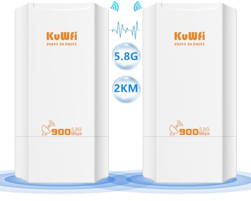KuWFi Ponte Wireless Esterno, 5.8G Wireless Bridge 900Mmbps, 12dBi antenna wifi lunga distanza con display a LED, Soluzione di Trasmissione 2KM, Accesso Point wifi per telecamera/Starlink Router