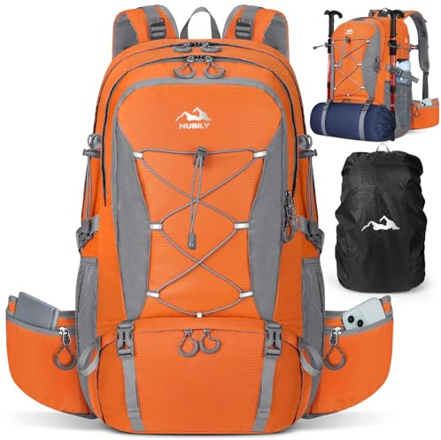 NUBILY Zaino Trekking 50L Impermeabile Montagna Uomo Donna Leggero da Viaggio Alla Moda Outdoor Campeggio Arancione