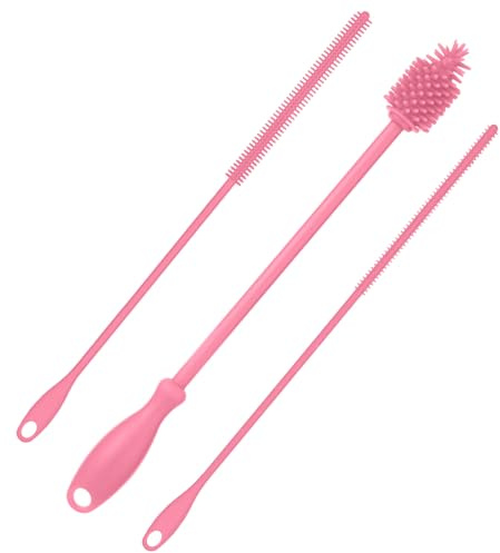 3 Limpiadores Pajitas y Cepillos Botellas, Cepillos de Paja Colgar Silicona sin BPA Cepillo Limpieza de Botellas Largo Accesorios Reutilizables Lavado Botellas para Tarros y Vasos (Rosa)