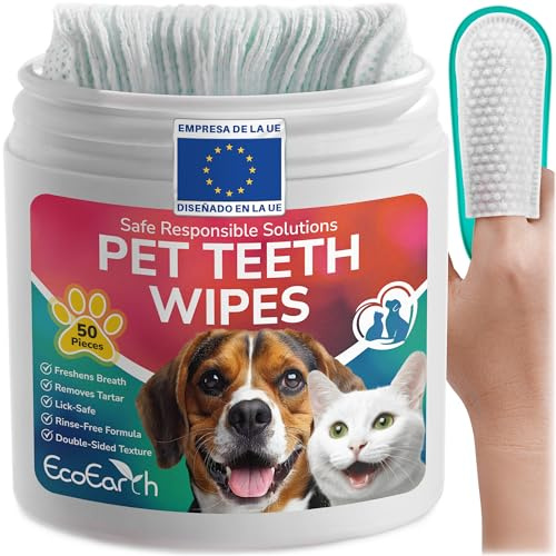 EcoEarth Salviette per la Pulizia dei Denti di Alta qualità per Cani e Gatti - 50 Pezzi - Dischetti per la Cura Dentale degli Animali Domestici per Un alito Fresco e un'igiene Orale