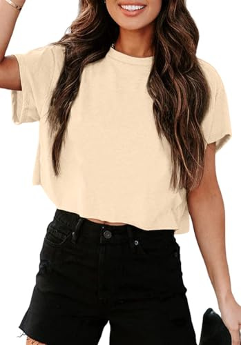 Tankaneo crop toppar dam extra stor sporttoppar beskurna skjortor rund hals lös magfri sommartopp, kort t-shirts., Aprikos, S