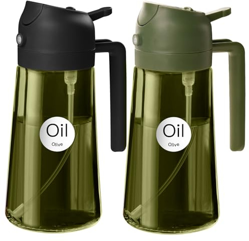 YARRAMATE Spruzzatore per olio verde scuro da 470 ml, per cucinare con adesivi, bottiglia dispenser di olio d'oliva 2 in 1 di qualità alimentare, per gadget da cucina, friggitrice ad aria, insalata