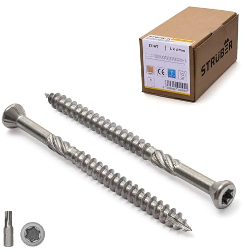 STRÜBER Viti per terrazze con testa svasata decorativa e impronta Torx (4,0 x 50 mm / 200 pezzi/TX-15) - Vite per legno in acciaio inox temprato C2 - inserto S2 TX incluso