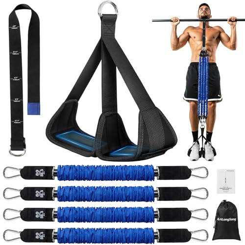 ALongSong Pull Up Assistance Bands with Foot Support Pedal 80-320LBS Heavy Duty 4 Resistance Bands Adjustable Weight/Height with 80Lbs Bands&Measured Strap for Strength Training Home Gym