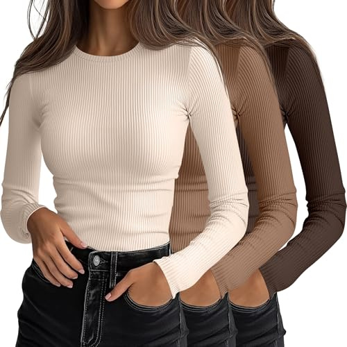 Ficerd 3 Pack Women's Ribbed Long Sleeve Tops, Crew Neck Slim Fit Knit Undershirts Basic Casual Stretch Layering Tee Shirts(Brown, Khaki, Light Beige,Medium)