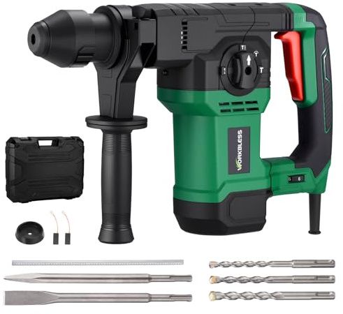 WORKBLESS 1-1/4 Inch Rotary Hammer Drill with SDS-PLUS Bits: 13Amp 7.0J Rotomartillo, SDS Hammer Drill for Concrete Demolition Chipping, 4 Functions, 6 Speed, 3 Drill Bits & 2 Chisels