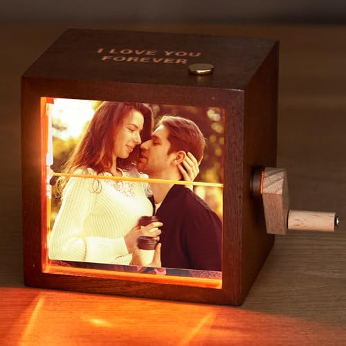 Custom Photo Flip Book with Light Personalised Gifts for Men Women Hand Cranked Picture Frames That Can Play Songs Home Decoration Valentines Anniversary Birthday Gifts for Him Her Couple Family