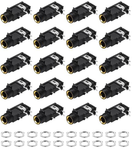 QUARKZMAN 10 st stereo ljuduttag 1/4 tum 6,35 mm, 50 V 4-stifts gyllene hona PCB-montering videokontakt stereo hörlursuttag med hörlursmuttrar, högtalare, bilradio, 33 x 17 x 13 mm