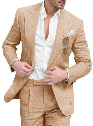 Traje de Lino de 2 Piezas para Hombre, Corte Ajustado, para Novio, Traje Negocios, Boda, Chaqueta y pantalón, Color Caqui, Talla Grande.