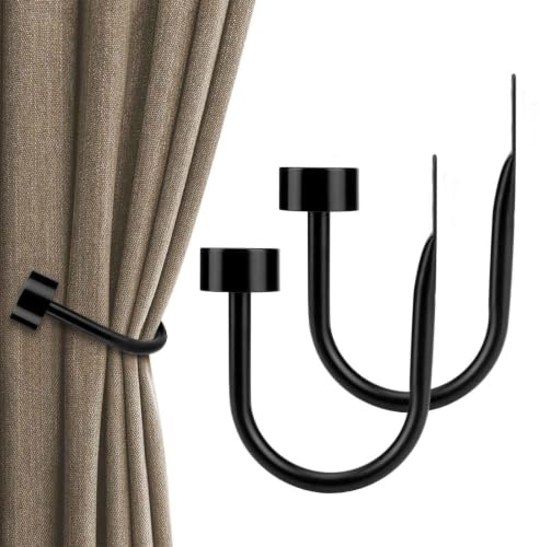 KAMANINA 2 Pack Black Curtain Holdbacks, Wall Mounted Curtain Tie Backs | U-Shaped Curtain Hooks, Metal, Decorative Curtain Tie Backs, Modern Cap Finials, Fixed Curtain Holdbacks, Hanging Items