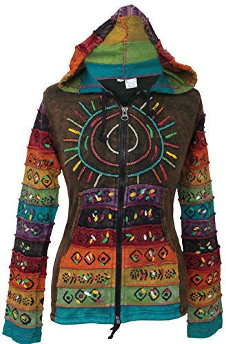 SHOPOHOLIC FASHION Huvtröja med lappverk, syratvättad och flerfärgad jacka med huva, randigt regnbågsmönster på ärmarna, hippie-jacka, gRÖN, M