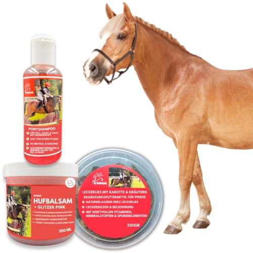 EMMA Pferde Leckerlies Banane + Huffett Pferde + Pferde Shampoo für Pferde & Pferdepflege Set 3 Teile I Hufbalsam Pflege bei Strahlfäule Pferd I Pferde Geschenke Für Mädchen I Leckerli Pferd
