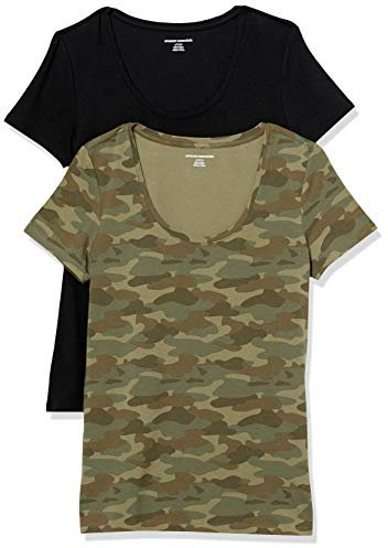 Amazon Essentials T-Shirt Col Rond à Manches Courtes, Coupe Classique (Disponible en Grande Taille) Femme, Lot de 2, Noir/Vert Camouflage, M