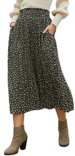 EXLURA Womens High Waist Polka Dot Pleated Maxi Skirt Midi Swing Skirt Beach Vacation Cruise Outfits with Pockets