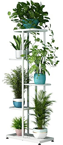 LINZINAR Metallhylla med 5 nivåer och 6 blomkrukor för inomhus- och utomhusbruk, uteplats, trädgård, balkong, vardagsrum (5 nivåer 6 krukor, vit)