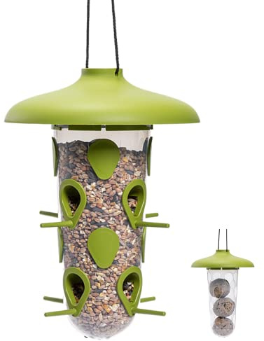 Hanging Bird Feeder for Wild Birds - Bird Feeder 2-in-1 Set for Feed Silo and Fat Ball Holder - Weatherproof Bird House Made of Recycled Plastic - Feeding Column Birds Green