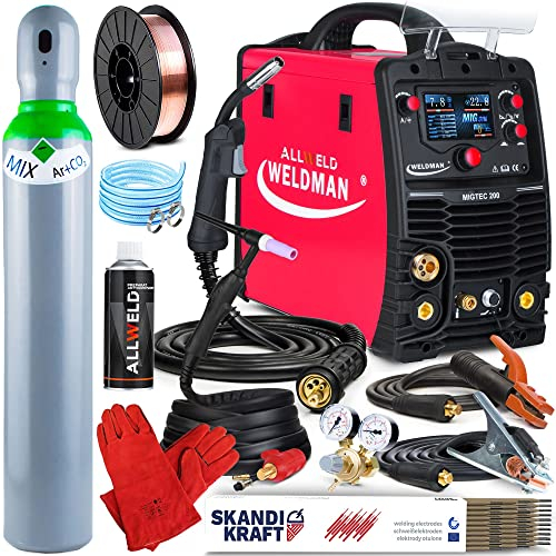 Weldman MIGTEC 200 LCD - 200 A MIG MAG Schweißgerät Schutzgas Synergisches 3 in 1 - MMA, FLUX - WIG-Schweißbrenner inklusive - Induktivität, Lötschweißen, 2T/4T, Set: Professional