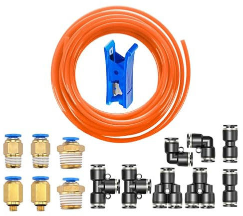 HUAZIZ 10 meter, 32,8 ft Pneumatisk orange luftslang, PU-luftslang, 8 mm (ytterdiameter) x 5 mm (innerdiameter) med 14 st pneumatiska beslag (svart)