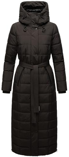 Navahoo Damen Wintermantel Warmer Steppmantel lang mit Kapuze und Taillengürtel Das Teil XIV Black Gr. XL