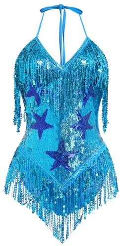 EFOGEP Women's Music Festival Bodysuit: Sexy Halter V Neck Star Sequins Fringe Carnival Rave Outfit Dance Leotard Party Nightclub Halloween Costume Blue M