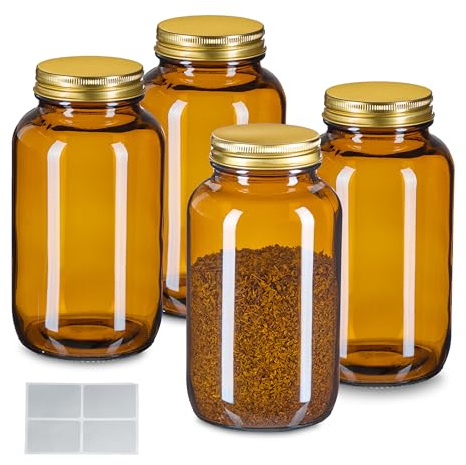 Relaxdays Braungläser, 4er Set, 400 ml, mit Deckel & Etiketten, Kräutergläser Medizin, Gewürze, Vorratsdosen, braun/Gold