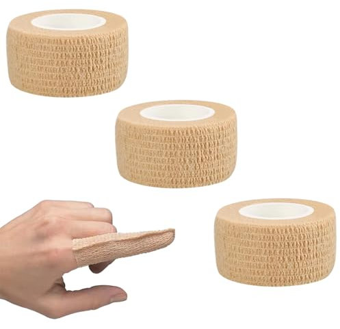 3 Rollen Selbstklebender Verband,Fingerpflaster Selbsthaftend,Elastische Binde Bandage Fixierbinde Haftbandage Selbstklebend für Sport, Haustiere(2.5cm x 4 m-Skincolor)