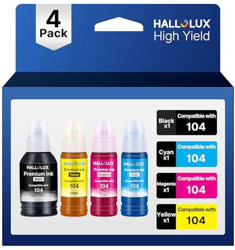 HALLOLUX Compatible for 104 Ink Bottle Multipack Compatible with Epson EcoTank ET-2710 ET-2711 ET-2712 ET-2714 ET-2715 ET-2720 ET-2721 ET-2726 ET-4700 (Black, Cyan, Magenta, Yellow)