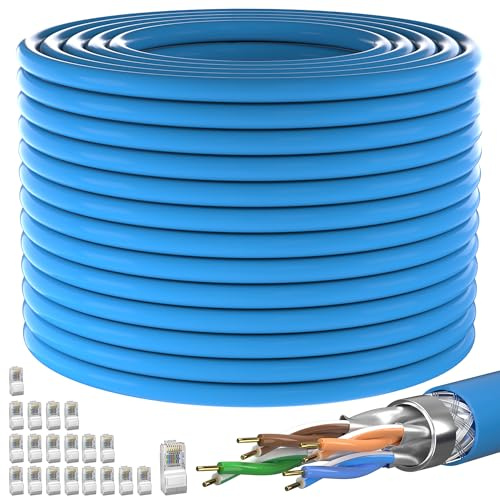 Cat7 Cavo Internet 150 metri, Sepoltura Diretta Cavo Ethernet Lunghezza personalizzabile(0-150m), Interno/esterno Impermeabile Cavo di Rete, SFTP Triplo Schermato Cavo LAN. Con 20 connettori RJ45