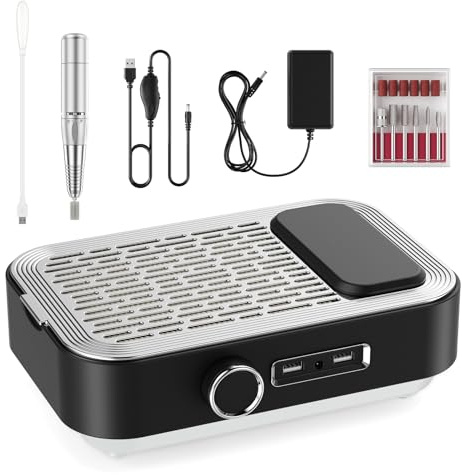 Trsaow 4-en-1 Griffeuse électrique pour ongles avec aspirateur, lampe LED et power bank, 45 000 tours/min, soins professionnels pour ongles à domicile et salon
