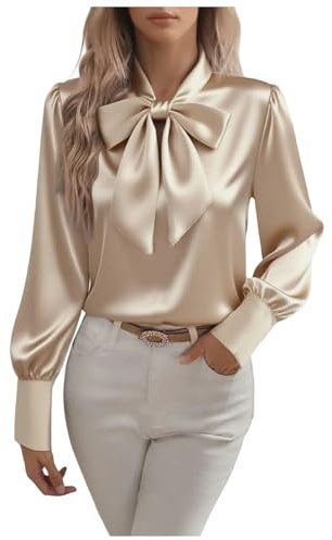 HAOLEI Satin Blouse for Women UK 2025 - Ladies Satin Silk Shirts Elegant Vintage Long Sleeve Bow Tie Neck Shirts Going Out Casual Smart Business Work Office Tops Khaki