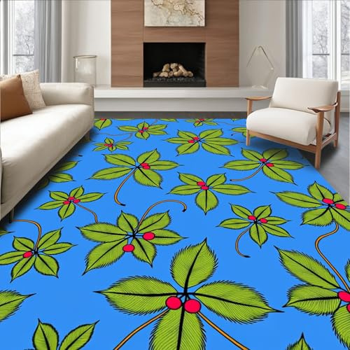 Flatwoven High Traffic Area Rug 4x6, Whimsical Holly Berry Wreath Punch Needle Kit Botanical Holiday Motif, Non Slip, Stain Resistant, Washable Area Rugs for Living Room, Bedroom (Blue, 4x6, Pad)