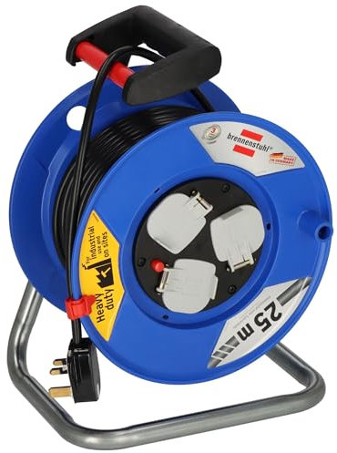 Brennenstuhl Garant 3-way socket outlet Cable Reel (Extension Lead 25m cable length, with thermal cut-out protection, ergonomic handle, cable colour: black)