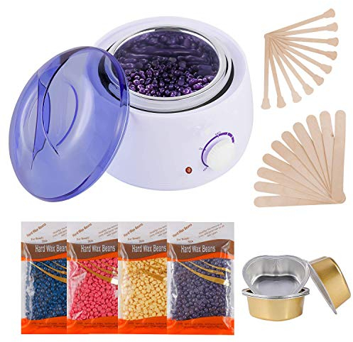 Hair Removal Waxing Kit Wax Heater with 4 Packs of Hard Wax Beads 20 Spatulas,Silicone Bowl,Painless at Home Wax Kit Hair Removal Kit with Handle Pot 500ml for Paraffin Soft Wax Cream