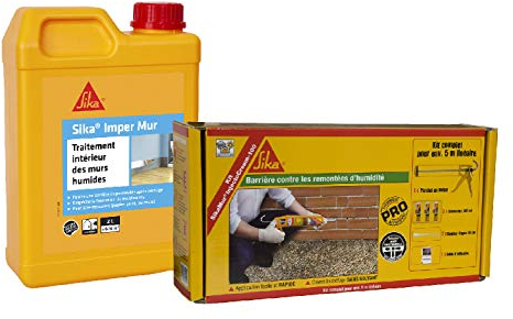 Kit anti-humidité : Sika Injectocream 100, traitement contre les remontées capillaires pour 5m linéaire + Sika Imper Mur, Résine pour traitement des murs humides - anti-salpêtre - anti-moisissures 2L