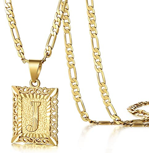 KissYan Initial Letter Pendant Necklace for Men Womens, 14K Gold Plated Square Capital Monogram Necklace Silver Alhpabets from A-Z Figaro Chain Necklace(003J)