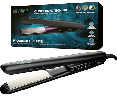 REVAMP Piastra per capelli Progloss Ion Shine in ceramica, con tecnologia agli ioni anti-crespo e oli leviganti Progloss di cheratina, argan e cocco, impostazioni di calore variabili, finitura nera