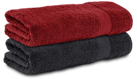 Komfortec 2er Set Duschtücher, 70x140cm Größe, Doppelpack,%100 Baumwolle, Handtücher, Frottee, Weich, Saugstark, Schwarz/Aurorarot