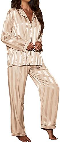 Hemmakläder set pyjamas cardigan långärmad sidenpyjamas för kvinnor, BEIgE, M