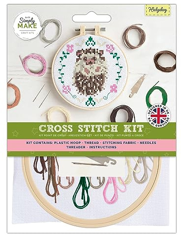 Simply Make Cross Stitch Kit - Hedgehog Design for Kids and Adults, Including Hoop, Embroidery Thread, Fabric and Needle - Perfect for Adult Crafts and Beginners - Starter Cross Stitch Craft Kit